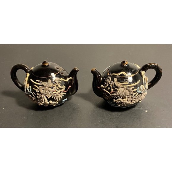Vintage Dragonware Salt Pepper Teapot Set Moriage Black Japanese Tea Garden - Picture 5 of 7